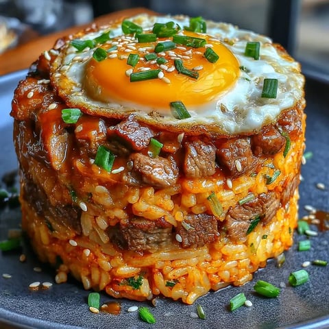 Beef rice stack topped with rice, cilantro, and onions.
