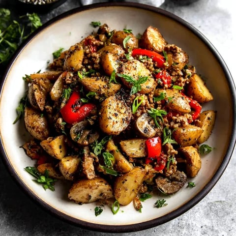A bowl with a mix of rice, potatoes, onions, and tomatoes.
