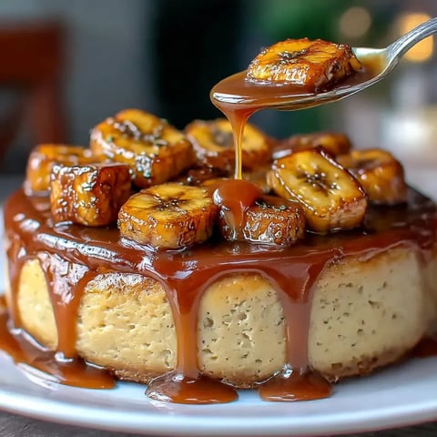 A banana cheesecake with glossy caramel on a plate.