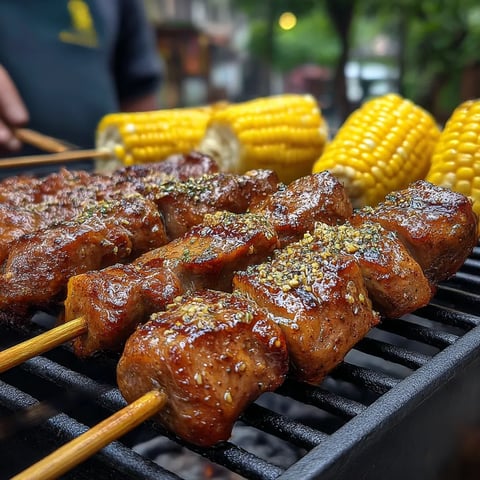 A backyard grilling party with kebabs, corn, potatoes and more on the table.