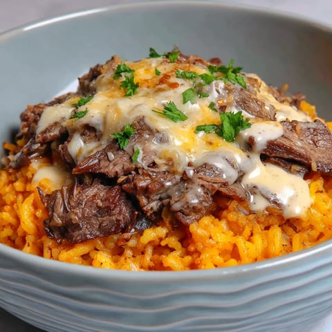 A bowl filled with steak, queso, and rice.