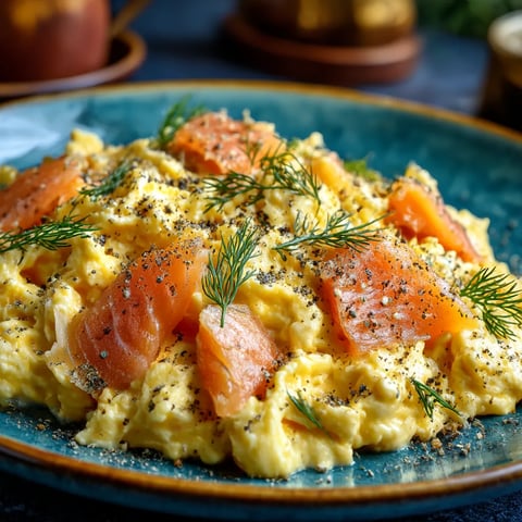 A plate with grilled salmon and scrambled eggs.