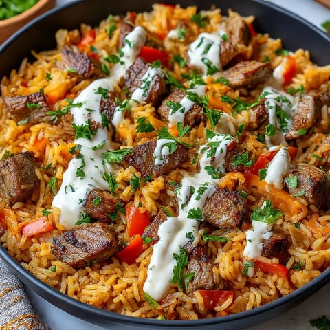 A rice bowl topped with steak and queso.