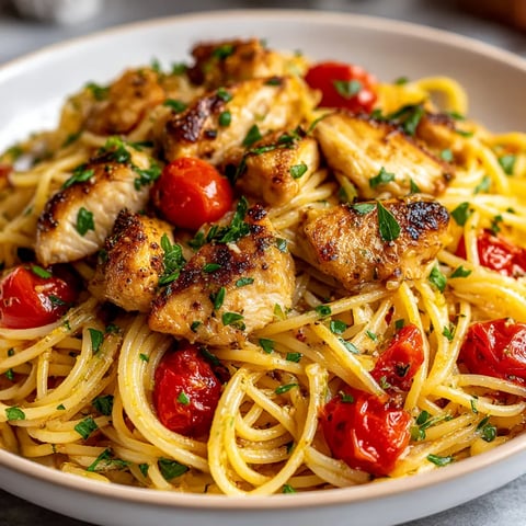 White plate loaded with pasta, tomatoes, onions, and chicken.