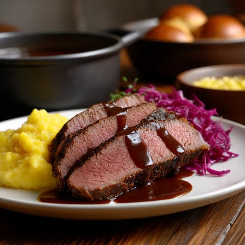 A plate with steak, savory sauce, and potatoes.