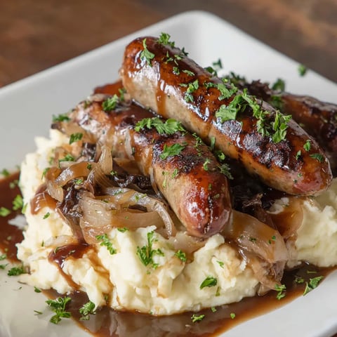 A white plate stacked with grilled sausages and potatoes.