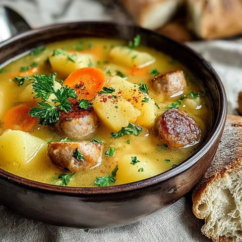A big pot filled with sausage, carrots, onions, and other veggies.