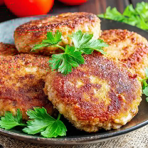 A platter of grilled meat patties topped with fresh parsley.