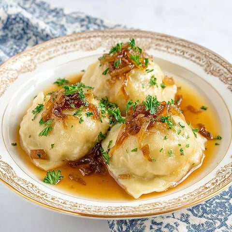 A white plate loaded with three stuffed pasta pockets and some sauce.