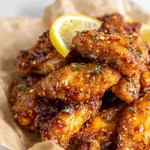 A bowl of freshly cooked wings topped with lemon slices and sprinkled seasoning.