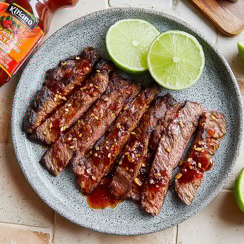 Plate of steak topped with lime slices and ketchup.