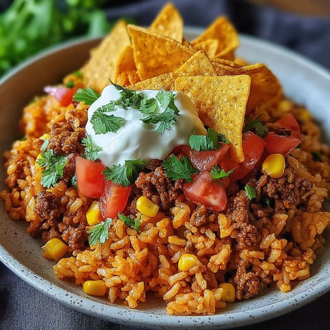 A bowl filled with rice, tomatoes, potatoes, cheese and tortilla chips.