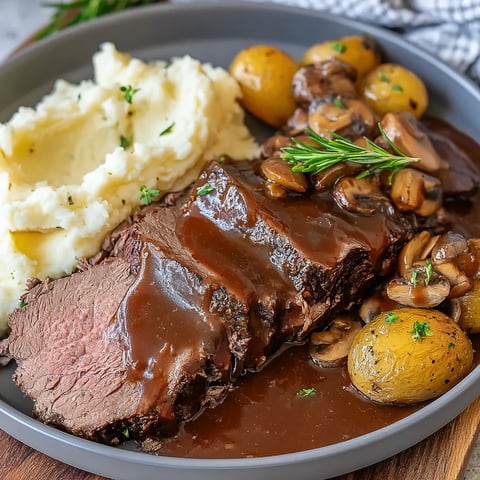 A dish with beef, potatoes, bell pepper and onions, known as classic sauerbraten.