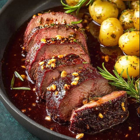 A dark roasted pork knuckle sits in a black pot swimming in sauce.