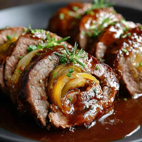 A plate of meat with onions and herbs.