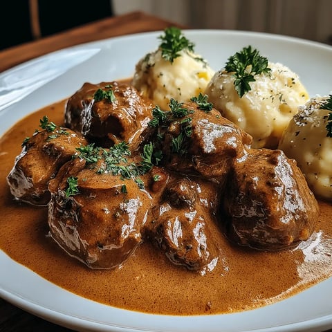 A plate filled with beef and dumplings.
