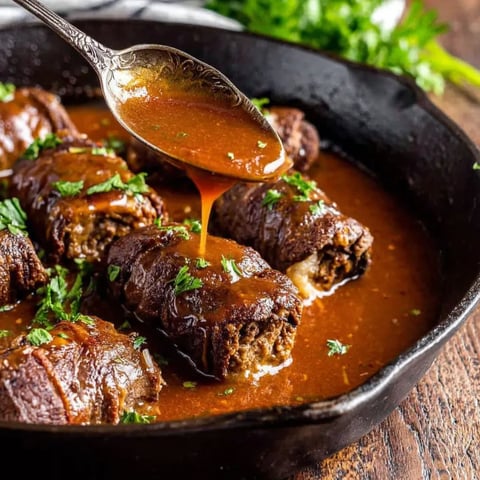 A pot filled with beef, sauce, and onions.