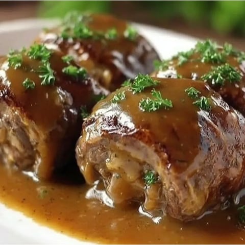 Four grilled steaks on a white plate, all smothered in sauce.