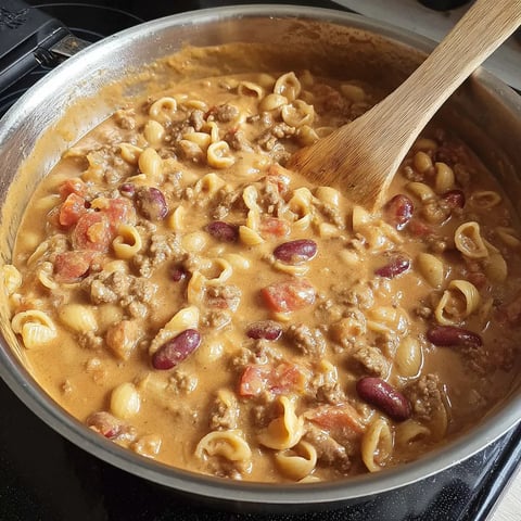 A pot filled with pasta, tomatoes, potatoes, beans, and beef.