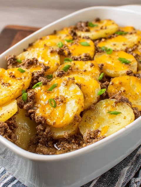 A white plate piled with potatoes, onions and beef, all mixed together.