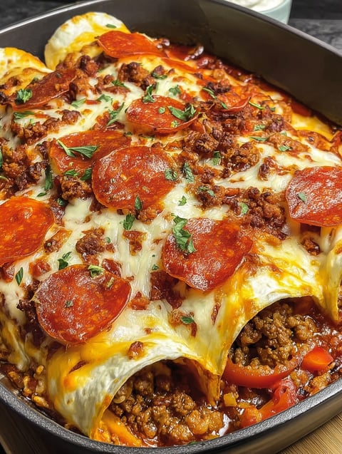 A dish packed with cheese, pizza bits, and tomatoes all mixed together.