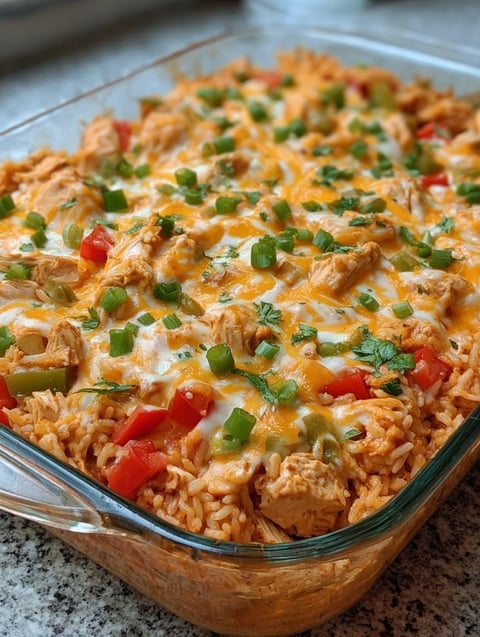 A glass dish full of rice, chicken, tomatoes, onions, and gooey cheese.