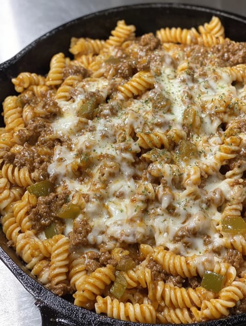 A bowl of pasta filled with beef and peppers.