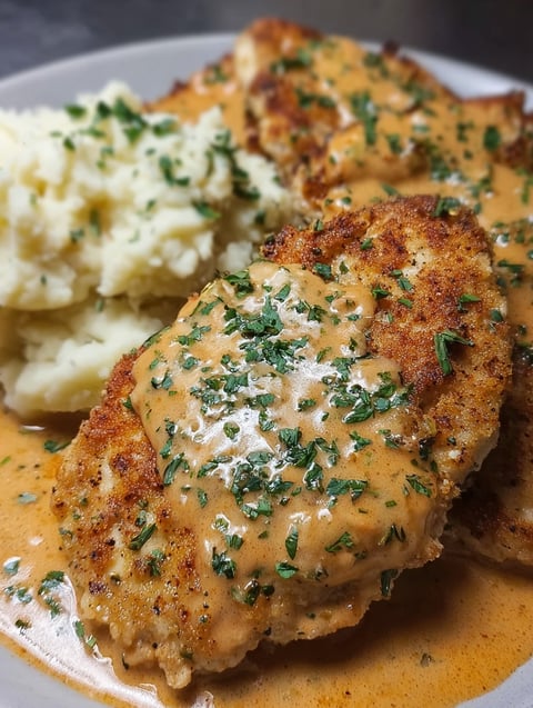 A mug of potatoes next to steak smothered in sauce.