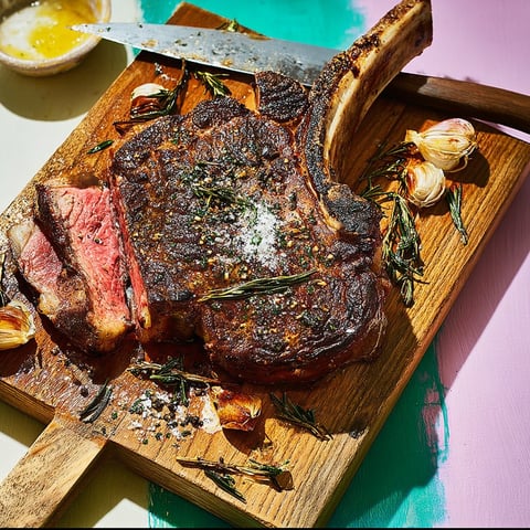 A thick steak sitting on a wooden board covered in salt and pepper.