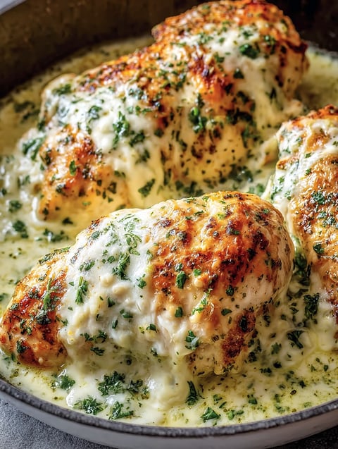 A photo of grilled chicken breasts served in a creamy sauce with parsley and onions.