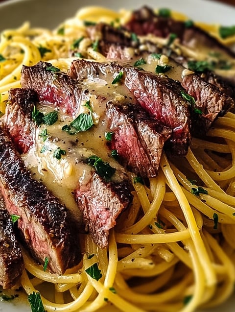 A bowl filled with spaghetti and steak, finished with parsley.