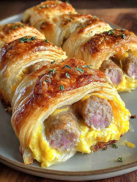 A white plate holding two flaky rolls filled up with sausage and eggs.