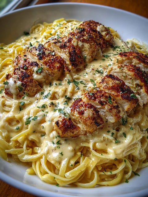 A platter with pasta, chicken and creamy sauce.