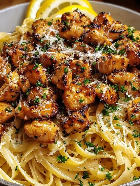 A bowl loaded with pasta, chicken, and Parmesan.