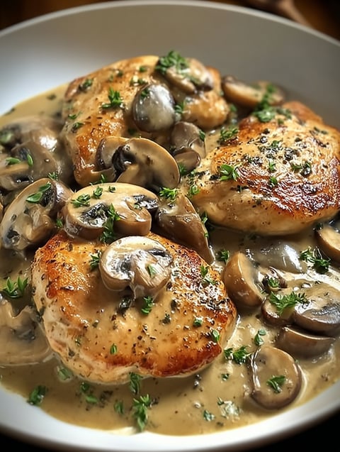 Chicken with mushrooms and herbs.