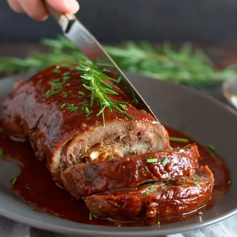 A piece of beef on a plate smothered in rich sauce.