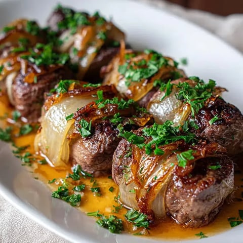 A platter with grilled steaks topped with onions and garlic.