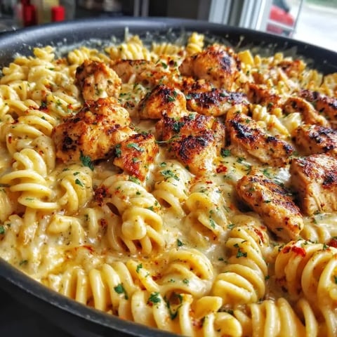 A pan of pasta with chicken and cheese.