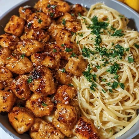 A bowl of pasta and chicken.